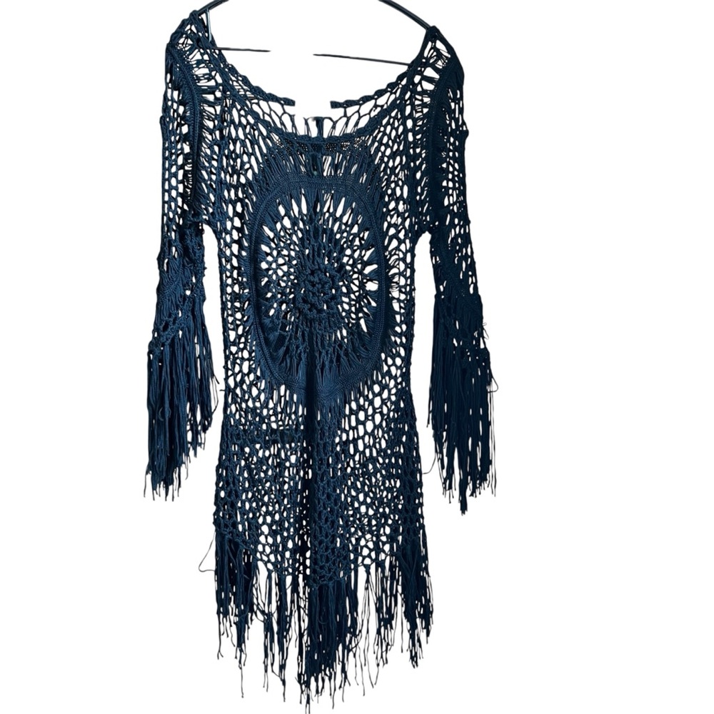 Asha Black Crochet Fringe Med Tunic Cover Up Boho Festival Top Witchy Whimsigoth